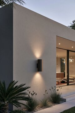 Warm modern exterior with stucco wall, architectural lighting, terrace entrance, and landscaping