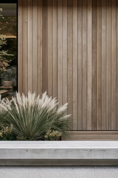 Warm modern exterior with vertical wood cladding, ornamental grasses, concrete steps, and planting