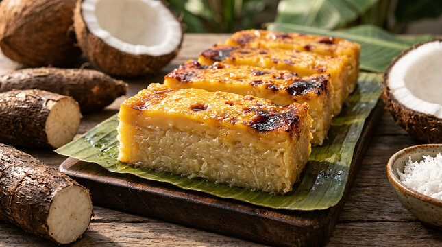 Freshly Baked Filipino Cassava Cake with Golden Custard Topping and Tropical Coconut