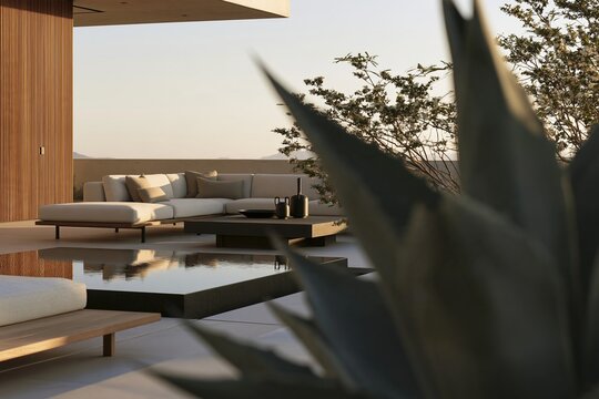 Warm modern exterior terrace with wood walls, minimalist seating, reflecting pool, and leafy plants