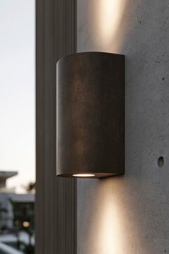 Modern exterior wall light with dark metal shade casting upward and downward glow on terrace wall