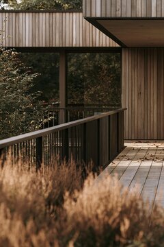 Warm modern exterior with vertical wood siding, glass walls, terrace railing, and ornamental grasses