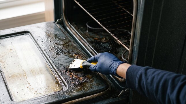 Gloved hand scraping baked on residue inside open household oven during cleaning process