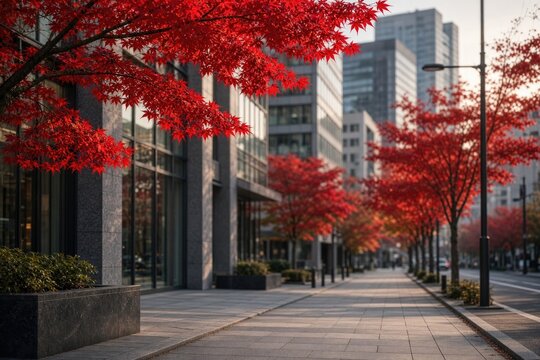 Red maple trees lining sidewalk between modern office buildings in autumn city