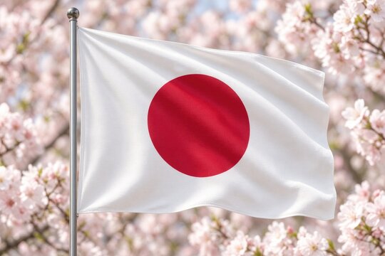Pink cherry blossoms around Japanese flag on flagpole in spring