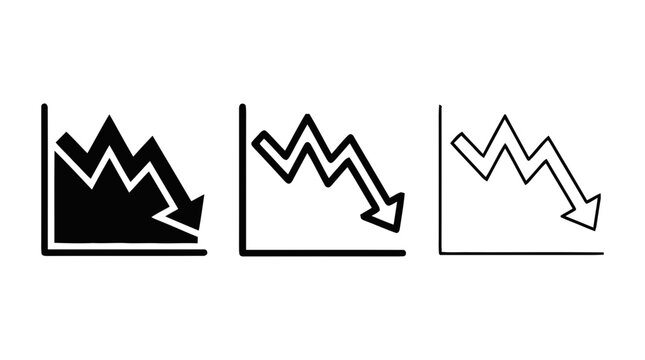 Vector illustration of set of three declining trend line charts with downward arrows on a transparent background