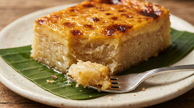 Moist Filipino Cassava Cake with Caramelized Topping Served on a Banana Leaf