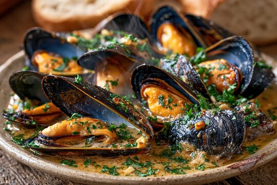Steamed mussels in white wine garlic sauce with fresh parsley and bread