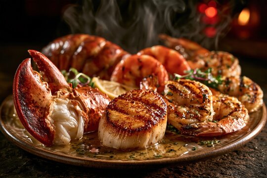 Grilled seafood platter with lobster tail, scallops and shrimp