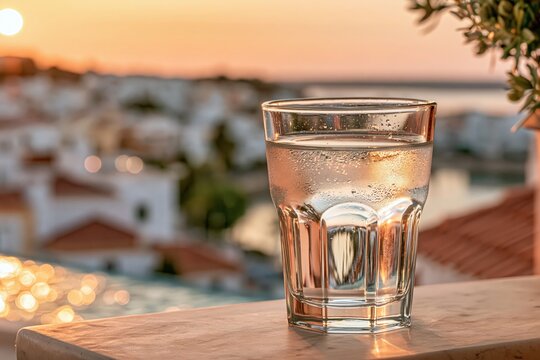 Glass of cold water on balcony at sunset with resort view behind