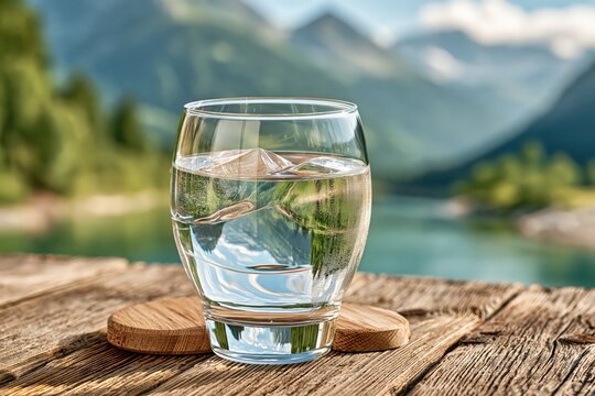 Glass of fresh cold water with ice on wooden table outdoor in nature