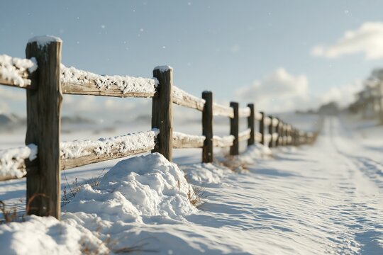 Snow covered wooden fence along country road in winter landscape scenic