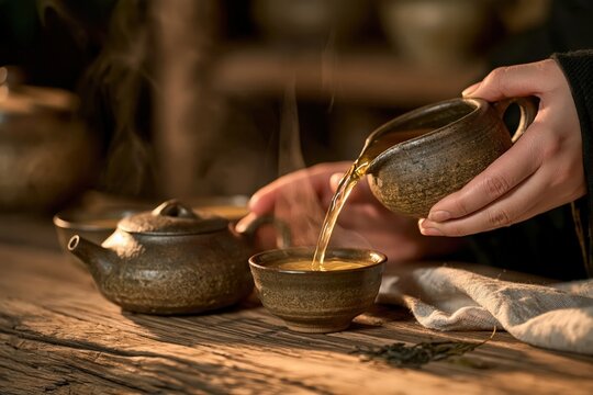 Hot tea pouring into ceramic cup in traditional ceremony cozy mood