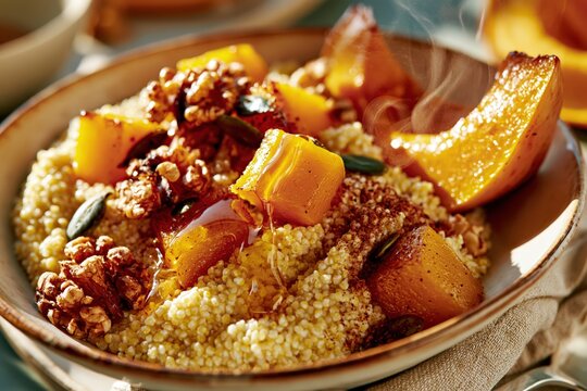 Warm roasted pumpkin porridge with honey and walnuts in a cozy bowl