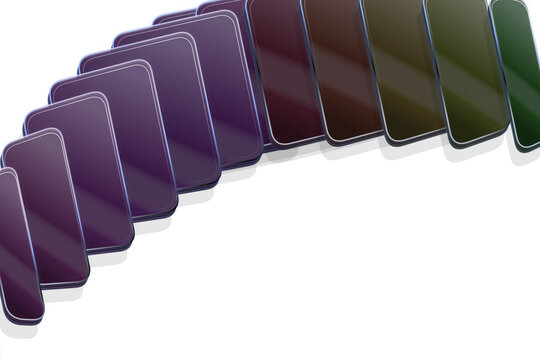 Colorful smartphones arranged in an elegant curved arc showing vibrant multi colored glossy screens isolated on transparent background