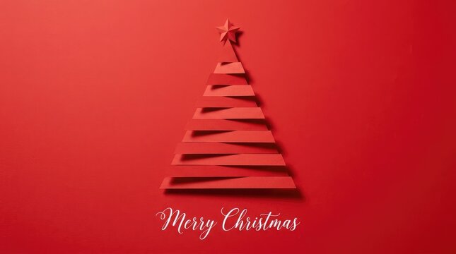 Minimalist red christmas tree made from paper ribbons on background with fir