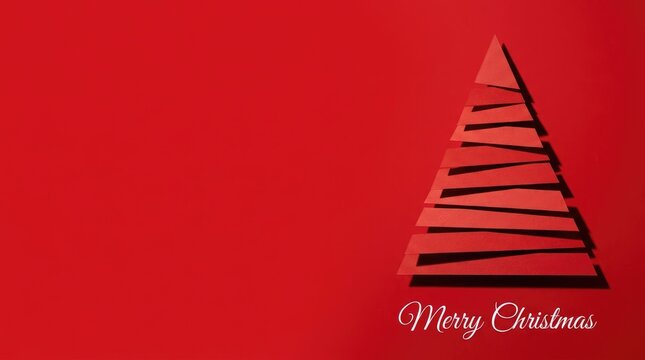 Minimalist red christmas tree illustration made of horizontal paper strips with copy space