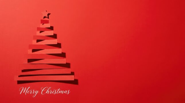 Handmade red paper christmas tree with star topper on backdrop with copy space