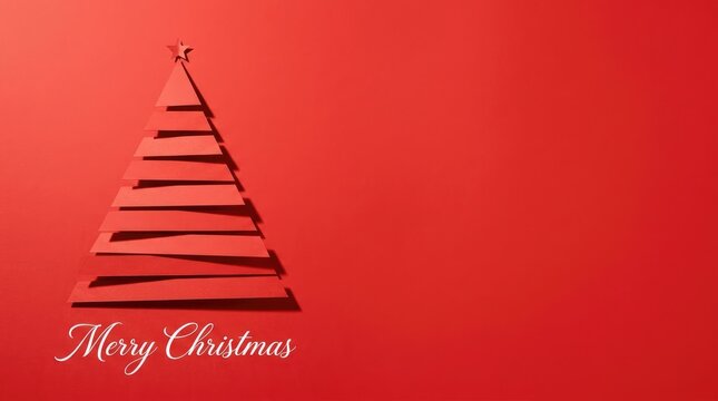 Folded ribbon christmas tree art on red background with fir holiday season with copy space