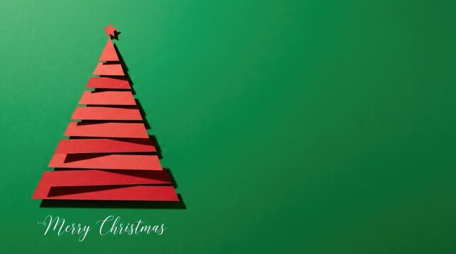 Minimalist red christmas tree shape by paper strips on a green background with copy space