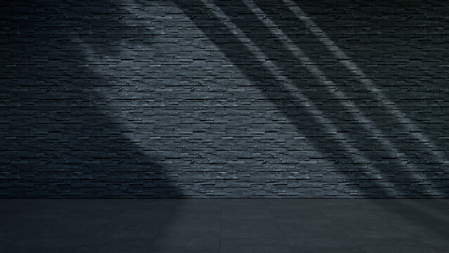 Blank Dark Slate Stacked Stone Wall and Tiled Floor in Direct Sunlight Outdoor Environment Background with Dappled Shadow. Building Facade Concept with copy-space.