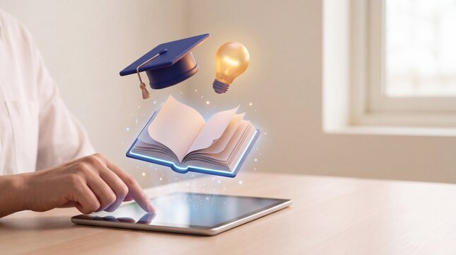 Digital Learning Concept with Floating Book, Graduation Cap and Light Bulb Above Tablet. Educational Technology and Knowledge Innovation