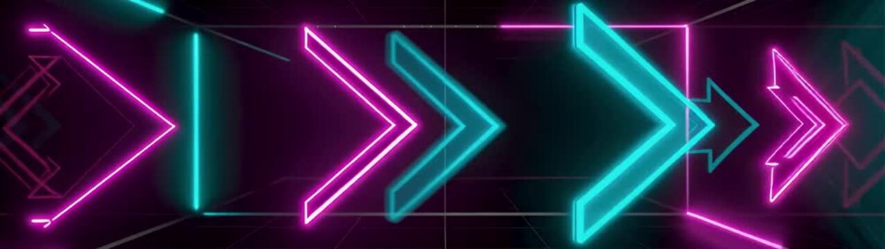 Neon arrows glowing through a futuristic corridor, framing a cyberpunk banner with parallel luminous lines.