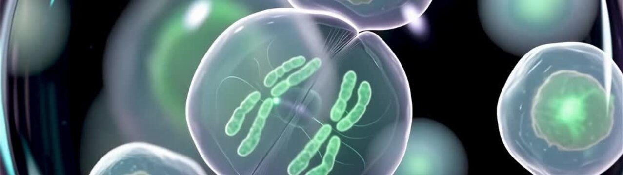 Animal cells, with chromosomes aligning on spindle fibers during mitosis, representing genetic division and cellular reproduction.