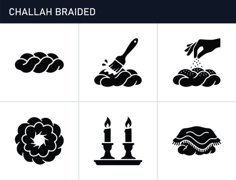 Challah bread silhouettes set with braiding, brushing, seasoning, wreath and candles for baking and Jewish tradition