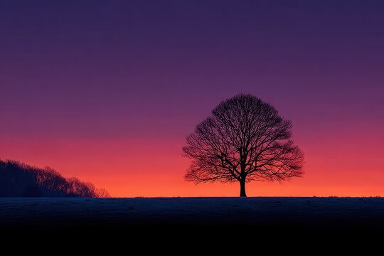 Silhouette of a bare tree against a vibrant sunset, creating a serene landscape. A beautiful nature scene, the colorful sky offers a stunning contrast to the dark horizon
