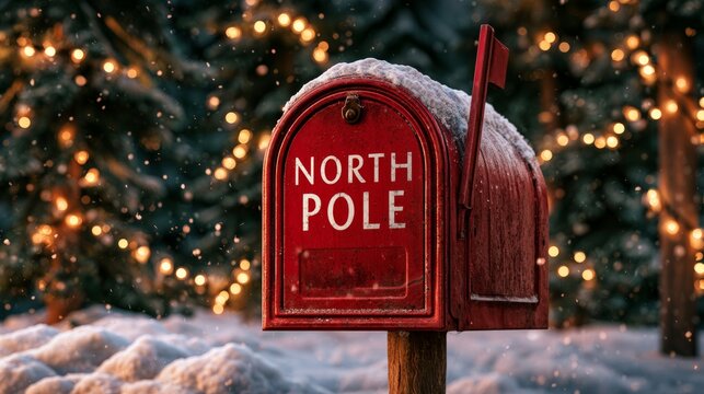 Vintage Red North Pole Christmas Mailbox in Snowy Forest