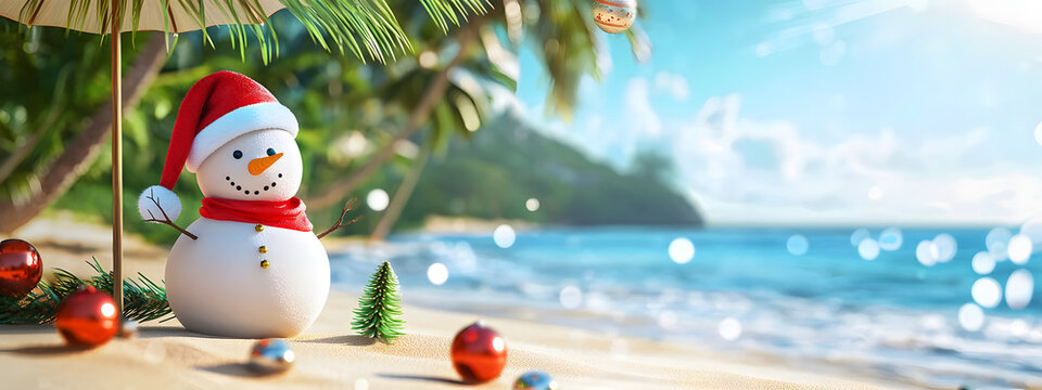 A snowman wearing a Santa hat holding Christmas tree baubles on a tropical beach with palm trees against the backdrop of the ocean and sunny sky
