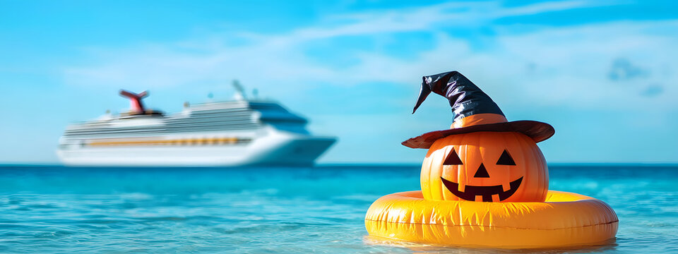 A pumpkin in a pointed witch's hat bobs on an inflatable beach ring in the ocean, cruise ship and sunny sky in the background&mdash;a creative Halloween scene.