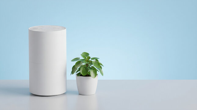 Simple 3D air purifier with a small plant on a soft blue background