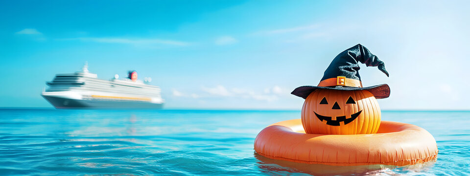 A Halloween pumpkin wearing a witch's hat floats in an inflatable ring in the ocean, with a cruise ship visible behind it under a sunny sky&mdash;an unusual scene for a seasonal ad