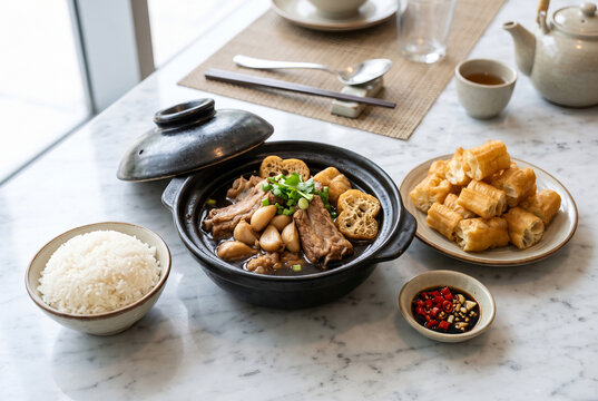 Claypot of herbal pork rib soup with fried dough sticks