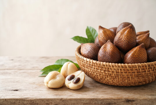 Basket of snake fruit with a few peeled to show the flesh