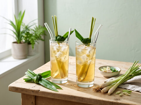 Iced lemongrass and pandan drink with fresh stalks on a sunny table