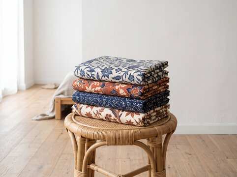 Neatly folded batik sarongs stacked on a rattan stool