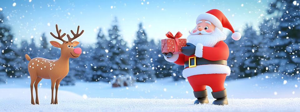 A cartoon Santa Claus holds a brightly colored gift box next to a reindeer in a snowy meadow among snow-covered trees&mdash;a fairytale illustration for a New Year's design