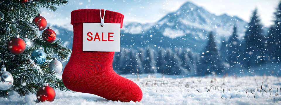 A red sock with the words Sale near a decorated Christmas tree in a snowy meadow