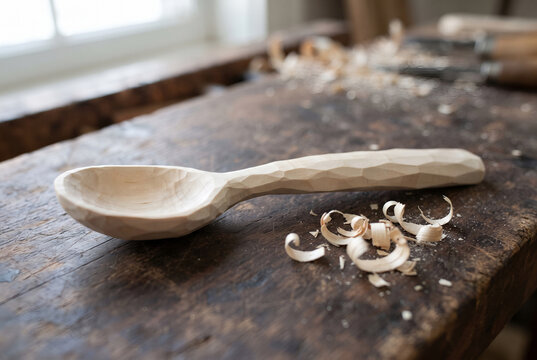 Close-up of a freshly hand-carved wooden spoon with knife facets