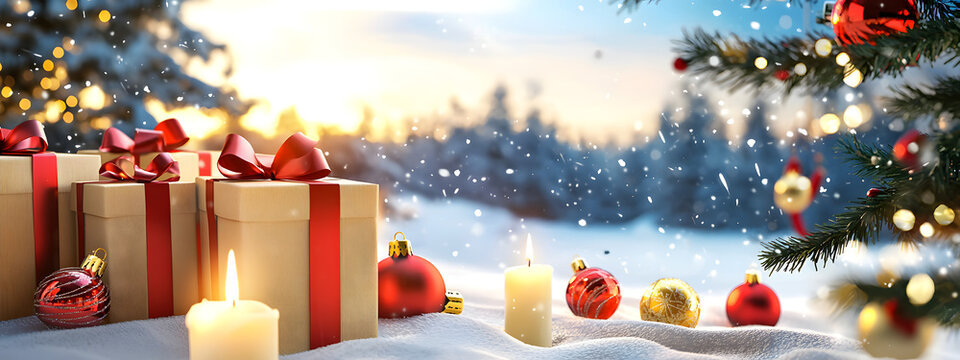 Gift boxes, burning candles, and Christmas tree baubles are arranged in a snow-covered clearing amidst a winter forest under a clear sky&mdash;a festive composition for Christmas advertising and design