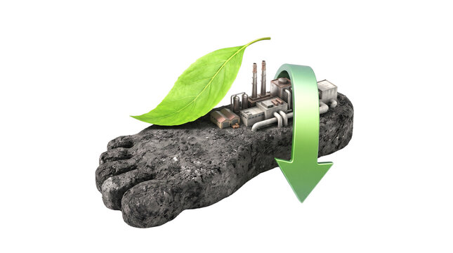 Carbon footprint reduction 3D illustration with industrial factory and green leaf isolated on transparent background for sustainability and environmental Projects impact pollution energy arrow render