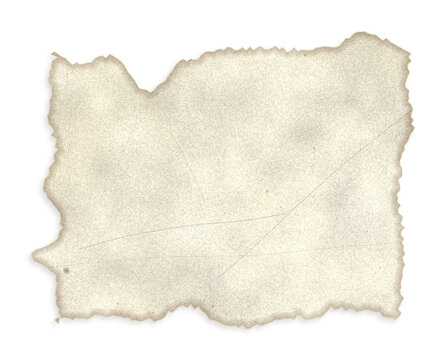 Old parchment paper sheet with rough torn edges showing aged texture and stained surface displayed on transparent background