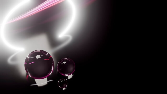 Reflective dark spherical orbs with glowing light trails