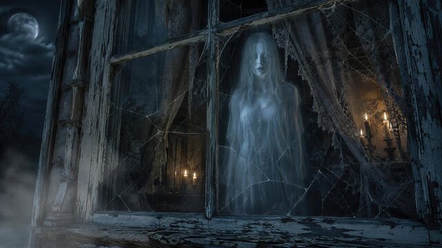 Ghostly apparition appears behind a cobweb-covered window in a decaying house. Halloween haunted house horror. Supernatural ghost story. Spooky seasonal concept.