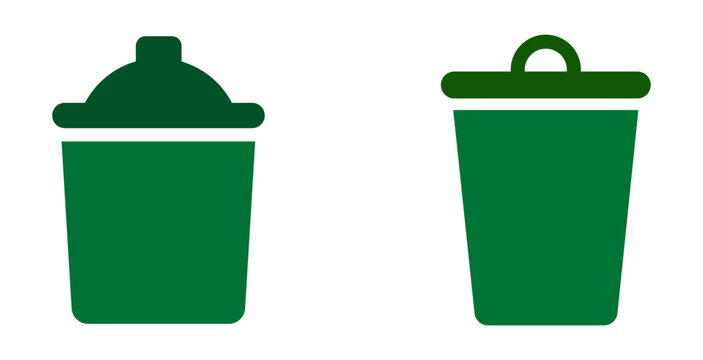 Two green trash bin icons with lids for waste disposal and recycling