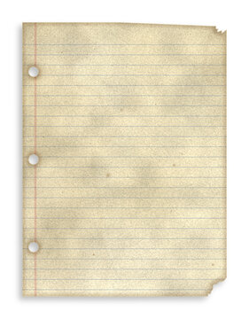 Vintage lined notebook paper sheet featuring three binder rings and torn edges isolated on transparent background