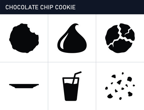 Chocolate chip cookie silhouettes set with bite mark, broken cookie, and crumbs for food logos